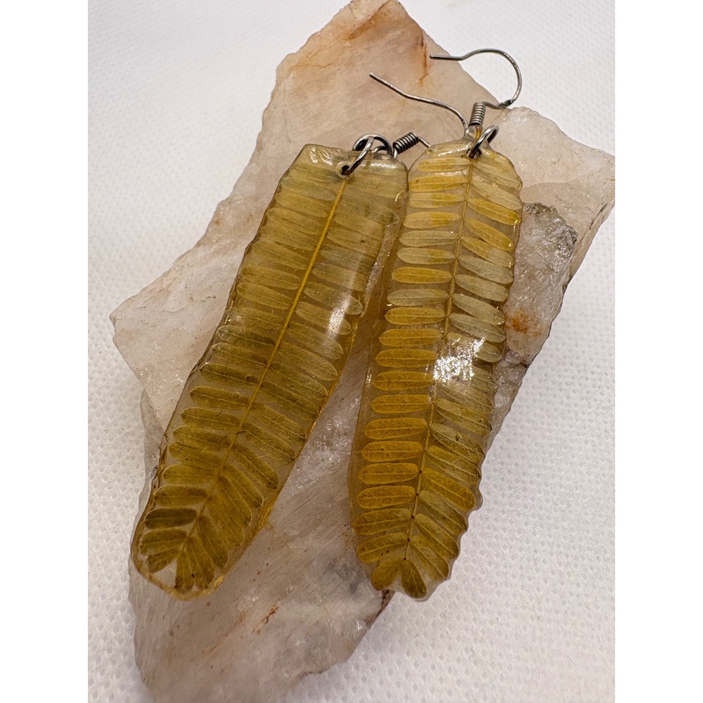 Vintage Sterling Silver Real Pressed Fern Leaf Resin Dangle Earrings Botanical